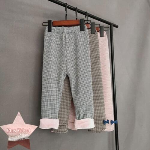 Autumn Winter Kids Thick Warm Pants Sweet Houndstooth Baby Girls High Waist Plus Velvet Bow Trousers Children Clothing