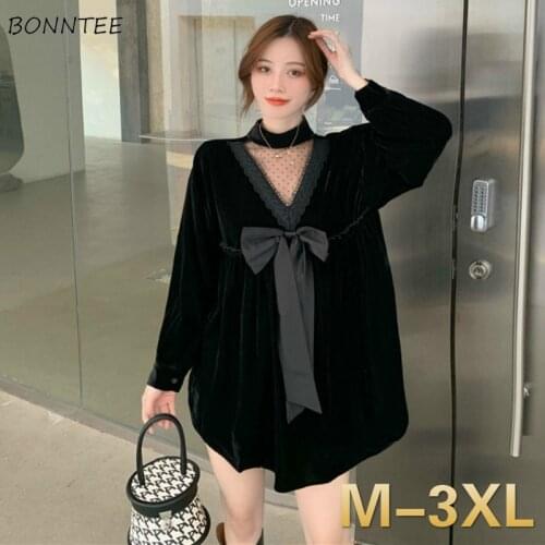 Long Sleeve Dress Classy Bow Mesh Patchwork Black Stylish Ins Teens Vestidos Mujer Vintage Daily Large Size French Style Hepburn