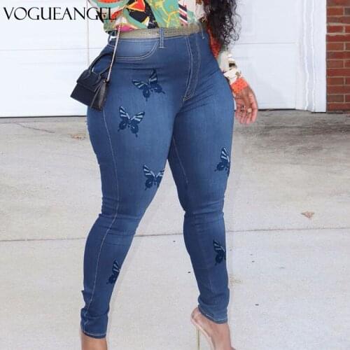 Plus Size Butterfly Print Skinny Long Jeans 3XL Vintage Streetwear Midi Waist Distressed Stretchy Sexy Ripped Melody Denim Pants