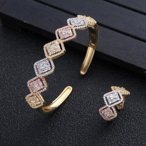 Luxury 3 Color Multicolor Square Bangle Ring Sets For Women Wedding Cubic Zircon Engagement DUBAI Bridal Jewelry Sets FG045