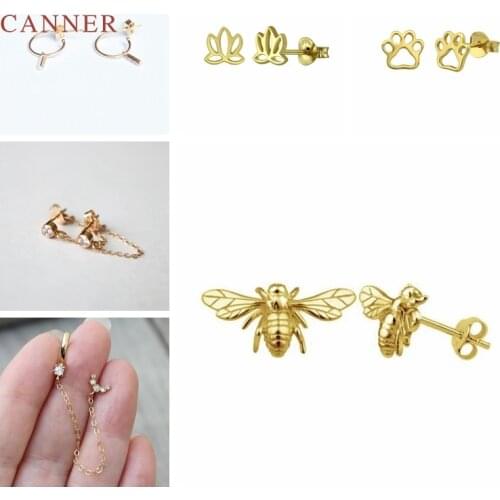 CANNER Real 925 Sterling Silver Earrings For Women Little Bee Lotus Dog Cat Paw Moon Stud Earrings Zircon Jewelry Brincos