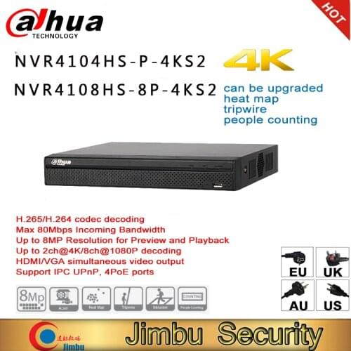 Dahua 4K NVR NVR4104HS-P-4KS2 NVR4108HS-8P-4KS2 Up to 8MP Resolution video recorder people counting intrusion tripwire heat map
