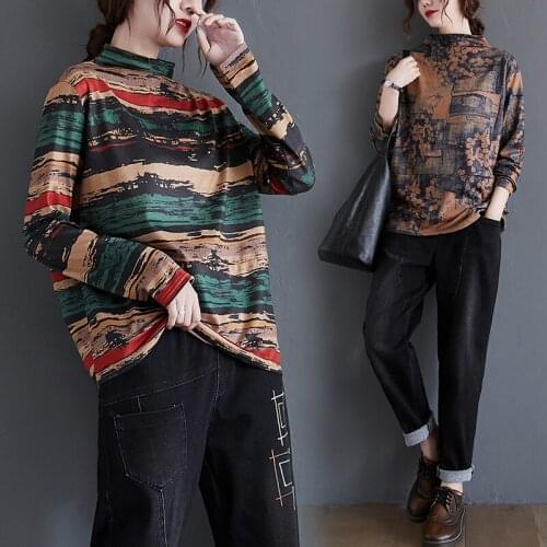 2021 Women T-Shirt Top Vintage Print Plus Size Long Sleeve Harajuku Half High Collar Loose Ladies Spring Clothes Mujer Camisetas