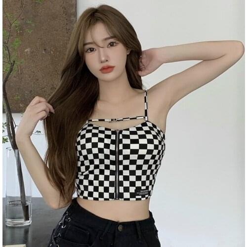 Women Korean Plaid Zipper Slim Vest Summer Sexy Exposed Navel Camisole Tank Top