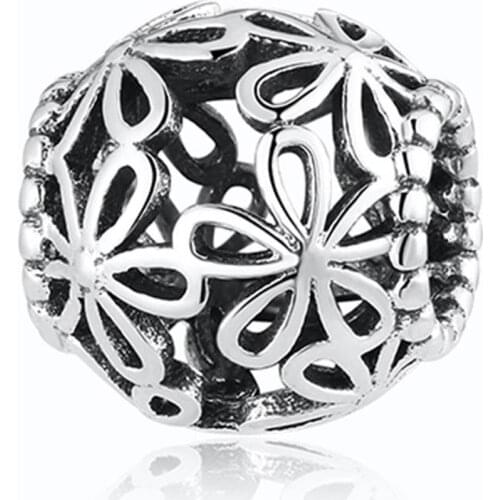 Authentic S925 Bead Vintage Openwork Flower Charm fit Lady Bracelet Bangle For Women DIY Jewelry Making