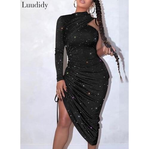 Sexy Shiny Irregular Long Sleeve One Shoulder Bling Drawstring Ruched Dress