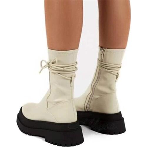 Spring Autumn Leather Mid Calf Boots Women Motorcycle Anti Skid Wear-Resistant Boots Female Shoes Ladies Thick Sole Punk Boots