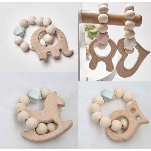 Wooden Teether Ring Baby Bracelet Animal Shaped Jewelry Teething For Baby Wood Beads Baby Rattle Stroller Accessories