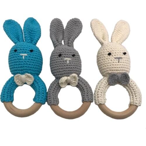Baby Teething Ring Crochet Rabbit Chewie Teether Safety Wooden Teether Natural Bunny Sensory Toy Gift