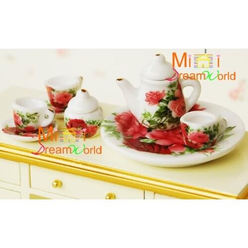 G05-X4336 children baby gift Toy 1:12 Dollhouse mini Furniture Miniature rement ceramics Wisteria rose set 8pcs