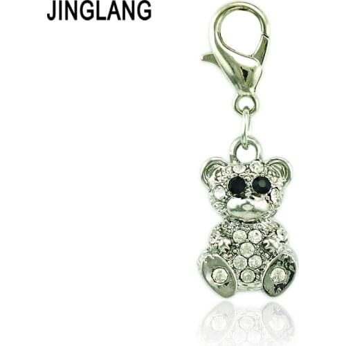 JINGLANG Bear Charm With Lobster Clasp Dangle White Rhinestone Animals Pendants DIY Charms For Jewelry Making Accessories