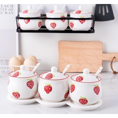 Strawberry Seasoning Jar Ceramic Seasoning Jar Kitchen Supplies Salt Sugar Household Seasoning Box Set Combination Pack Chili Oi
