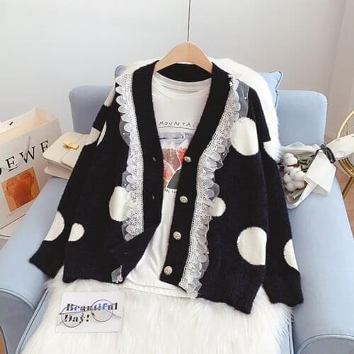Korobov Korean Hit Color V Neck Women Cardigans Japanese Long Sleeve Lace Patchwork Cardigan Sweet Preppy Style Dot Sweater