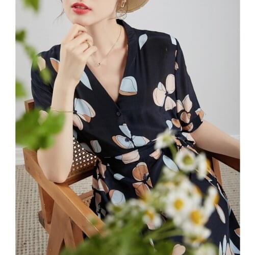 Korean Fashion Summer Dress 2021 100% Silk Shirt Dress Female Floral Long Dresses for Women Casual Vestido De Mujer Pph4929