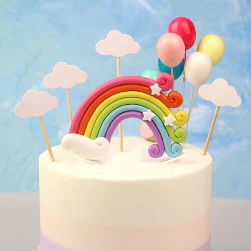 Colorful Rainbow Cake Topper Birthday Wedding Cake Flags Cloud Balloon Cupcake Topper Birthday Party Baking Decoration Supplies