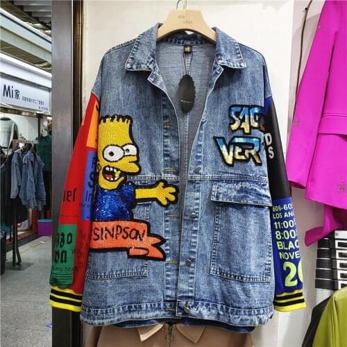 Autumn Fashion Cartoon Sequins Mid Long Denim Jackets Women Streetwear Loose Outerwear Patchwork Sleeve Jeans Jacket Coat Female