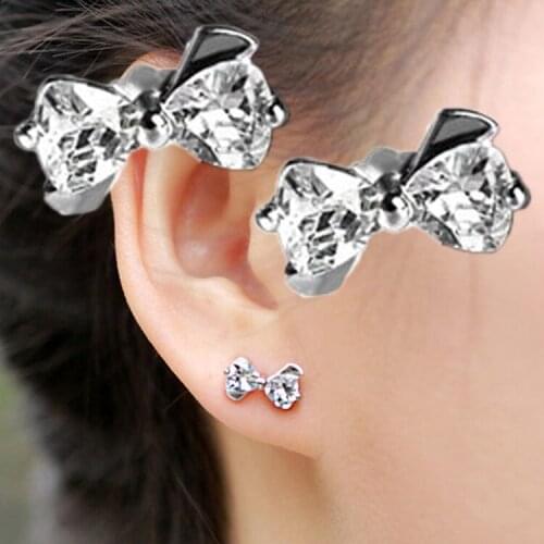 Hot 1 Pair Chic Lovely Silver Plated Bow Bowknot Zircon Ear Stud Earrings Ladies Charm Jewelry Gift EAR-0609-WT