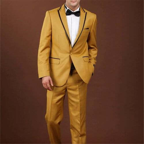 Custom Made Gold Men Suits Formal Prom Suits Vintage Groomsmen Wedding Tuxedos Black Mens Daily Wear suit(Jacket+Pants)