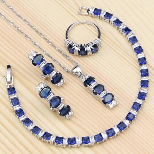 Silver 925 Jewelry Sets For Women Party Blue Cubic Zirconia White Crystal Ring/Bracelet/Necklace/Pendant/Stud Earrings