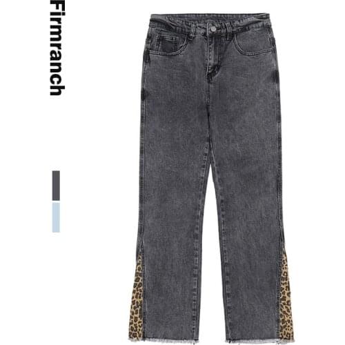 Firmranch New Men/Women Vibe Leopard Bottom Jeans For Men 2021 High Street Stacked Jeans Homme Blue Boot-cut Pants Moto Trouse
