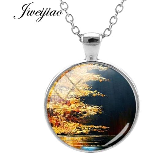 JWEIJIAO Beautiful Autumn Landscape Coloring Paint Necklaces Glass Cabochon Dome Charms Pendant Sweater Chain Party Jewelry PT60