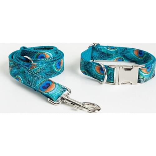 Personalized Peacock-Pattern Dog Collar Leash With Bow Tie Set Free Engraved Nameplate For Small Medium Large Dog