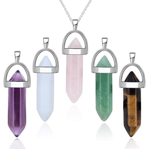 5pcs/lot Gem Stone Pendants Amethysts Tiger Eyes Crystal Aventurine Opal Hexagonal Pointed Healing Reiki Chakra Necklace Pendant