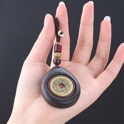 Natural Ebony Red Sandalwood Wooden Rotatable Copper Coin Pendant Keychain Chinese Enhance Fortune Key Ring Chain Car home Decor