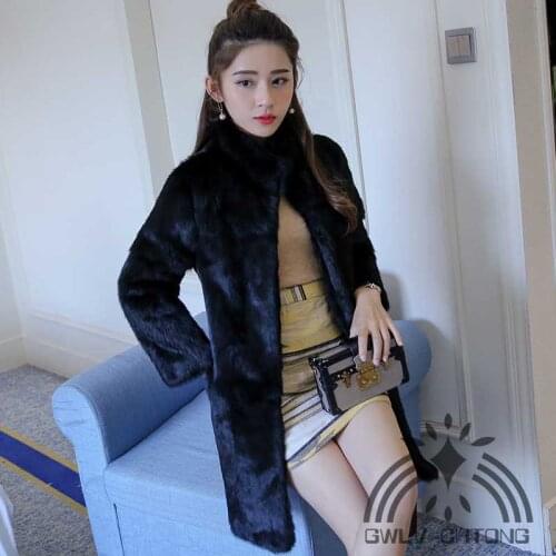 100% Real genuine natural full pelt whole skin rabbit fur coat women fashion stand collar jacket ladies overcoat outwear