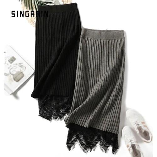 SINGRAIN Women knitted sweater skirt midi stripe lace pencil skirt high waist knitting bottoms elastic autumn warm skirt winter