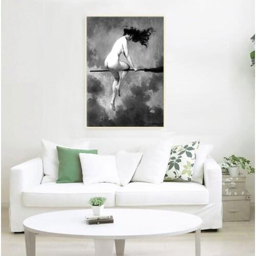 Witch Riding Broomstick Vintage Poster Wall Art Canvas Print Witch Broom Gothic Occult Halloween Antique Black White Painting