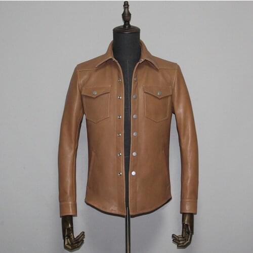 YR!Free shipping.Men quality leather shirt .Brand vintage Heavy tanning sheepskin jacket,slim genuine leather coat