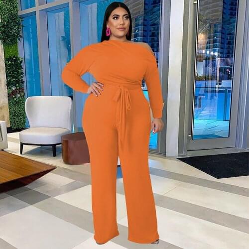 ZJFZML ZZ Women Clothing Two Piece Set Plus Size One Shoulder Long Sleeve T-shirt and Wide Leg Trouser Dropshipping Wholesale