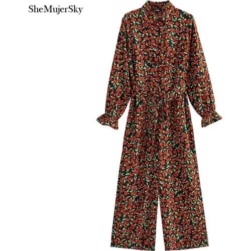 SheMujerSky Women Long Sleeve Floral Print Jumpsuits 2021 Turn-down Collar Buttons Long Jumpsuit With Sashes