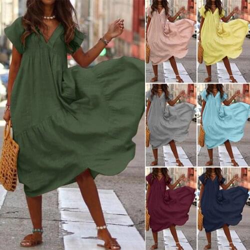 Plus Size Ruffle Dress Womens Asymmetrical Sundress ZANZEA 2021 Fashion Summer Maxi Vestidos Female Short Sleeve Robe Femme 5XL