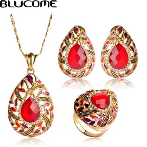 Blucome Red Water Drop Shape Jewelry Sets Resin Necklace Earrings Ring Set Pendant Crystal Antique Gold-color Women Lady Bijoux