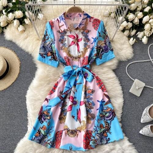 2021 New European Designer Runway Dresses Womens Printed Fashion Turn-down Collar Shirt Mini Party Dress