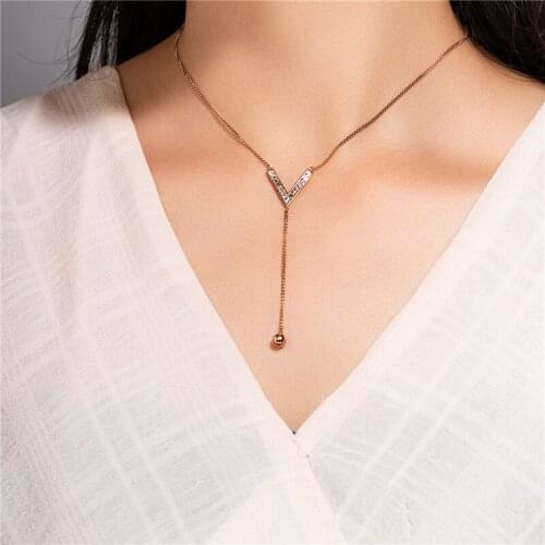 2021 Trend Female Length 500mm Fashion Titanium Steel Necklace For Women Rose Gold Type V Y Pendant Jewelry N560