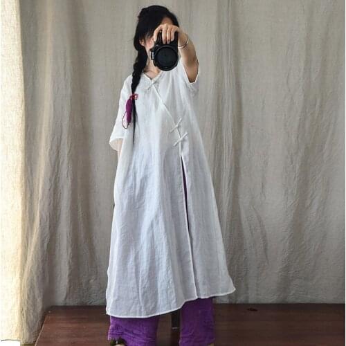 Women Summer Ramie Solid Color Loose Dress Ladies Vintage V Neck Dress Female 2021 Dress