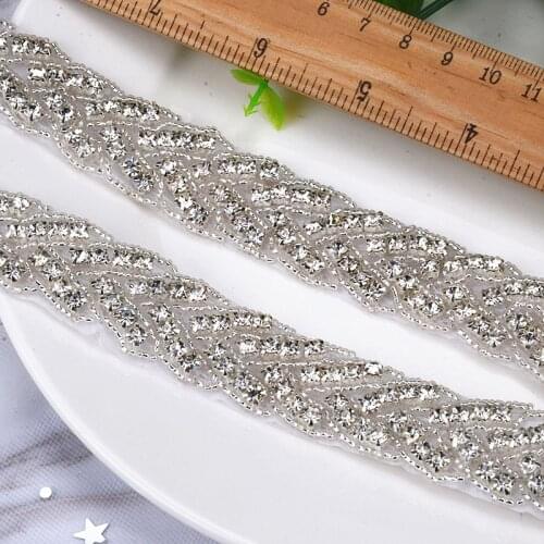 2pcs Handmade Sew On 2cm*38cm Hot Fix Beaded Crystal Silver Rhinestone Applique for Wedding DIY Bridal Belt Headbands Garter