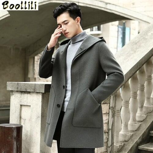 Boollili Spring Wool Coat Hooded Double-sided Woolen Long Jacket Men Peacoat Overcoat Windbreaker Abrigo Hombre