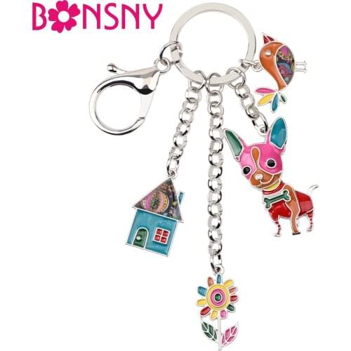 Bonsny Enamel Metal Chihuahua Dog Bird Flower House Key Chain Key Ring Bag Handbag Charm Man Key Holder Jewelry For Women