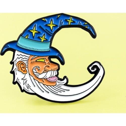 Cartoon White Beard Moon Grandpa Wizard Brooch Blue Hat Star Brooch Enamel Badge For Children Lapel Denim Cartoon Jewelry Spille