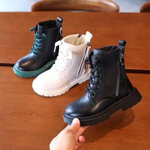 Childrens leather boots kids black Martin boots boys handsome mid-high ankle boots girls fashion double zipper boots