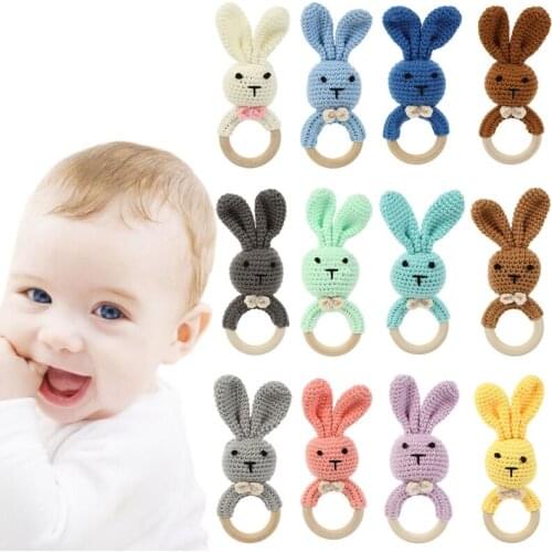 DIY Crochet Bunny Rattle Baby Wooden Teether Ring Infant Teething Nursing Soother Play Gym Educational Toy for Newborn Shower Gi