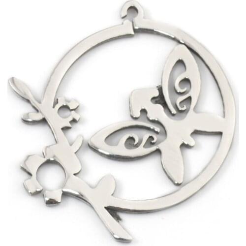 DoreenBeads Fashion 316 Stainless Steel Pendants Round Silver Color Butterfly Style Charms Jewelry DIY 36 x 33mm 41 x 26mm, 1 PC