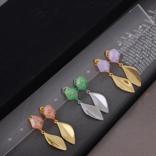 European and American style high fashion inlay natural stone gold leaf metal texture elegant temperament earrings female