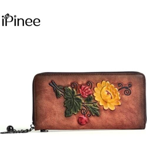 IPinee 2021 New High Quality Handmade Embossed Cow Leather Retro Wallet Zipper For Women Female Small Coin Purse
