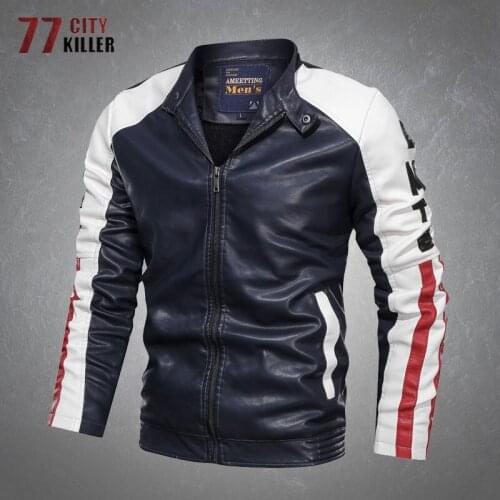 Casual Leather Jacket Men Fashion Water Wash Patchwork Zipper PU Coats Male Stand Collar Slim Motorcycle Mens Leather Jackets