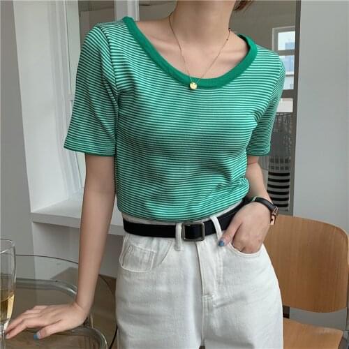 LJSXLS Striped Knitted Sweater 2021 Summer Korean Fashion Clothes Women O Neck Short Sleeve Pullover Crop Tops Woman Sweaters